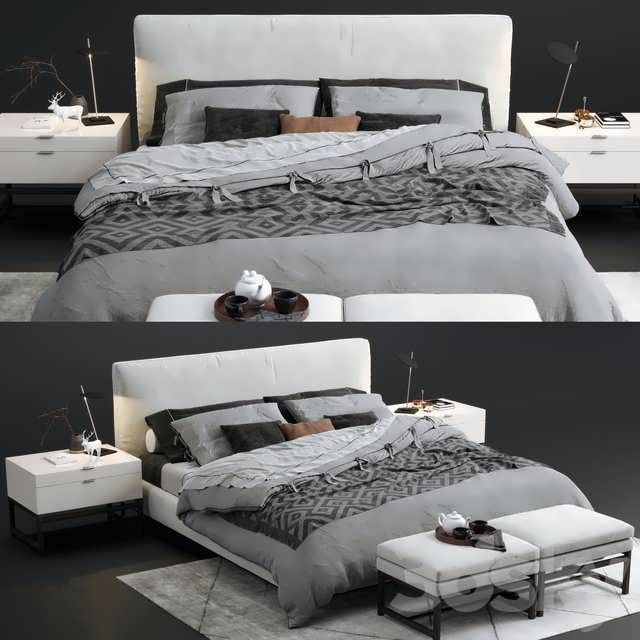 3dsky pro Minotti Andersen Bed With Bench And Decor 3D Model
