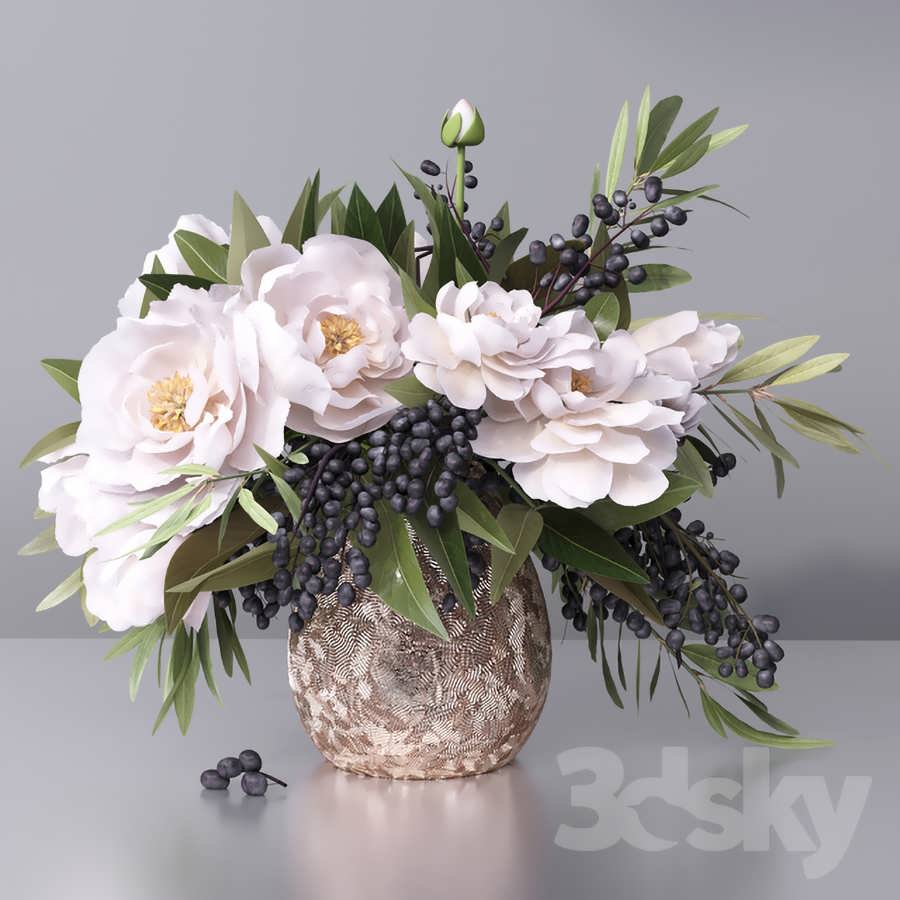 3dsky pro Flower Arrangement peony grape leaf twig vase 3D Model