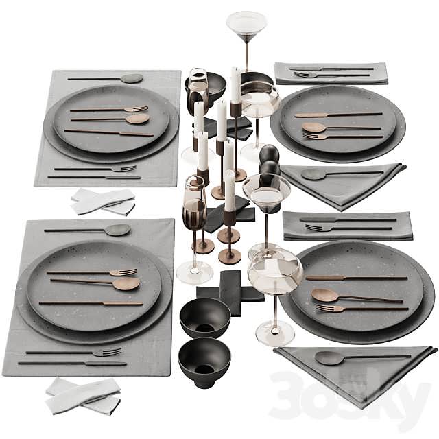 3dsky Kitchen 065 Tableware Decor Set 03 Ceramic Bronze Black 00 3D Model