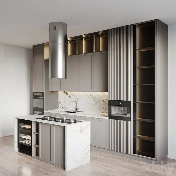 مدل آشپزخانه مدرن شماره 40؛ شامل جزئیات کامل کابینت و نورپردازی.