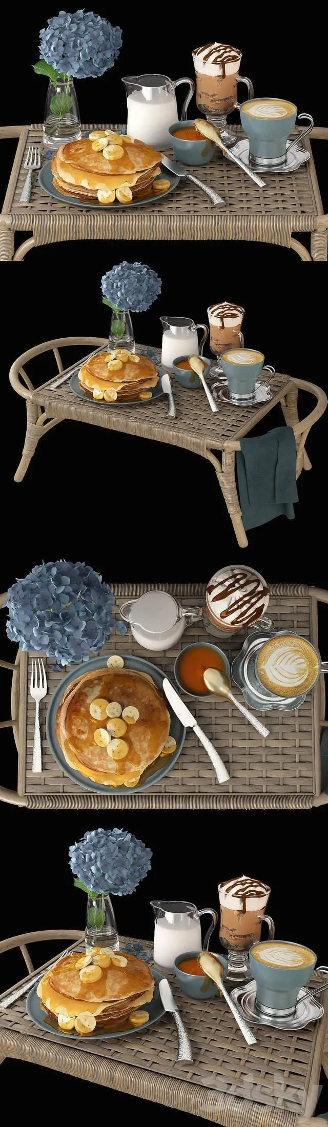 ست سه بعدی صبحانه در تخت برای طراحی رندر داخلی