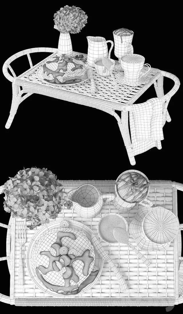 ست سه بعدی صبحانه در تخت برای طراحی رندر داخلی