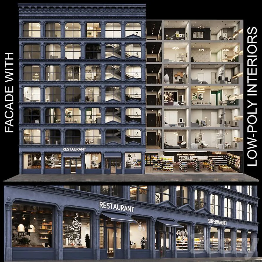 3dSky Facade With Lowpoly Interiors 3D Object